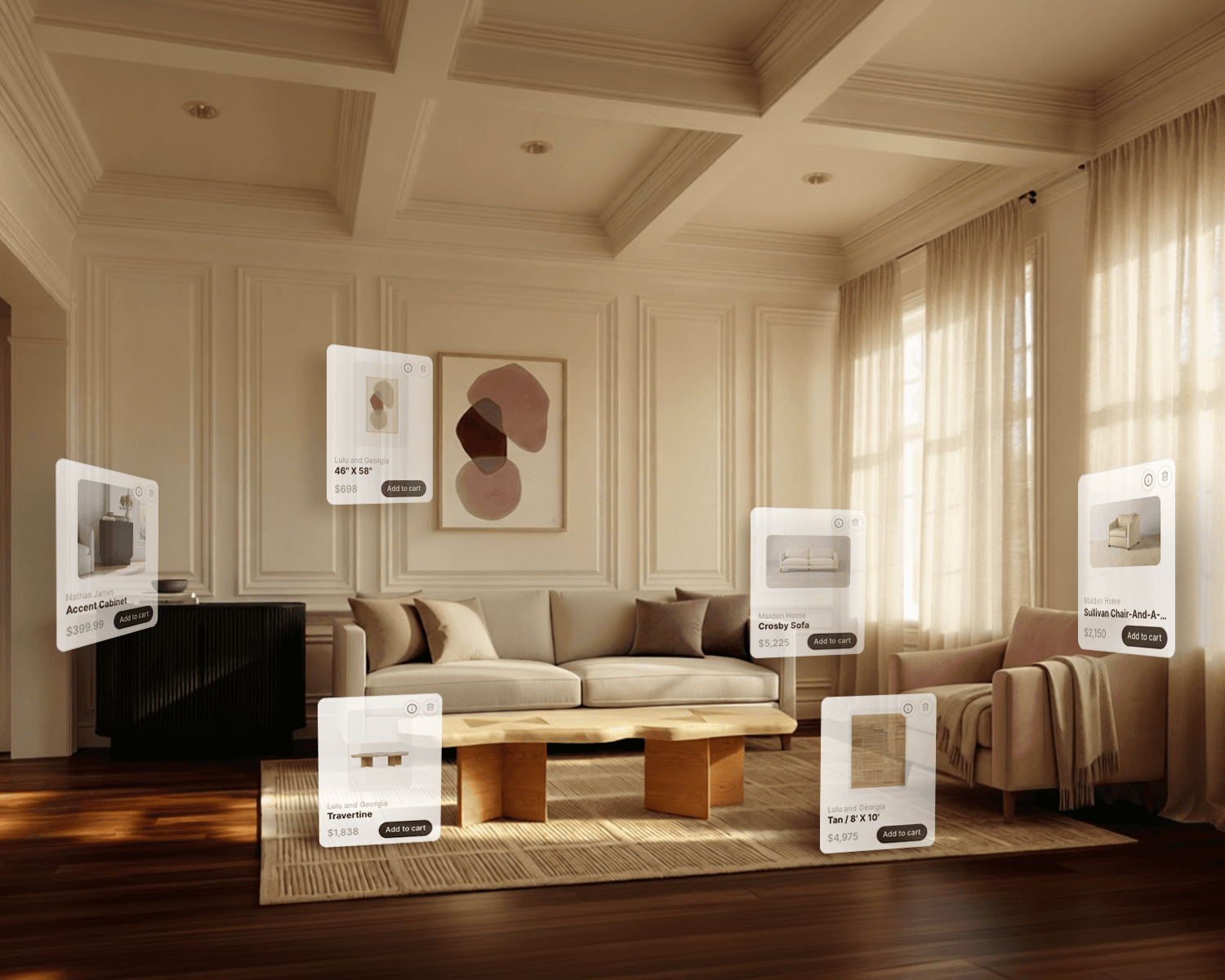 A photoreal staged living room — real, shoppable furniture by Palazzo